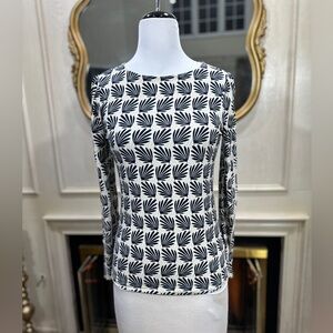 Ann Taylor Factory Top Small Navy Cream Leaf Print Long Sleeve Career Office